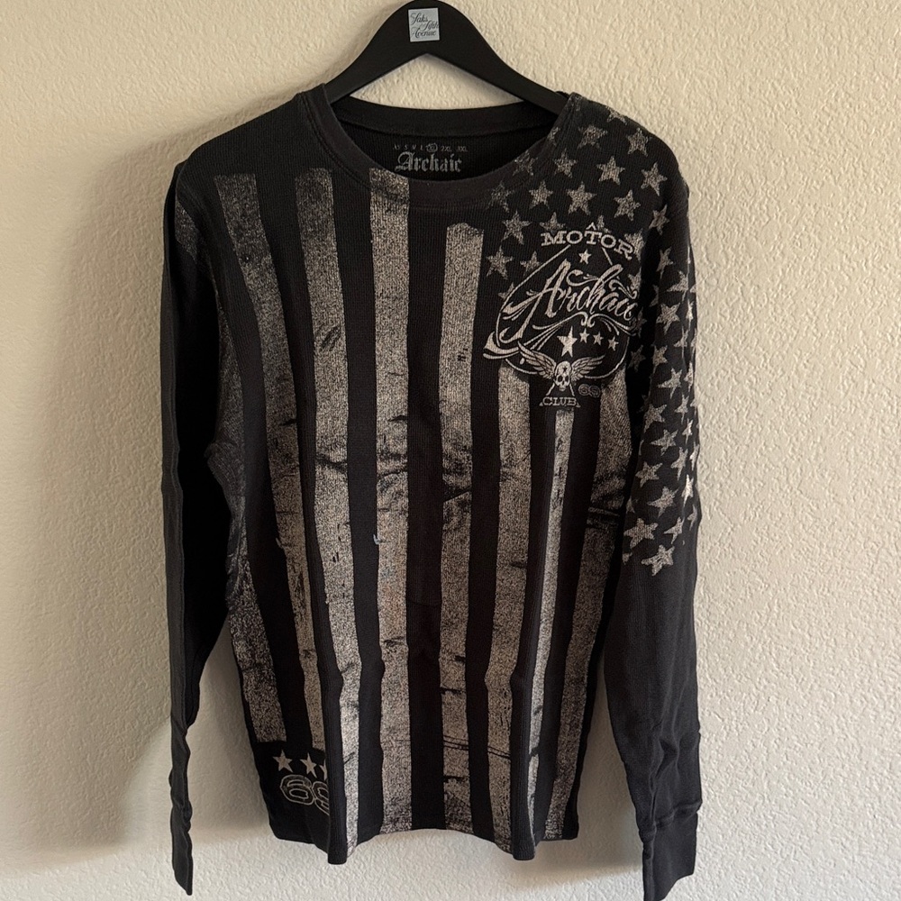 Archaic Black Long Sleeve Graphic Shirt with Distressed Silver Flag